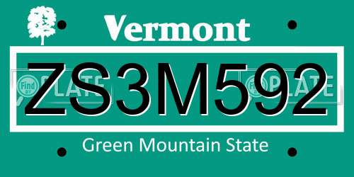 ZS3M592 Vermont License Plate