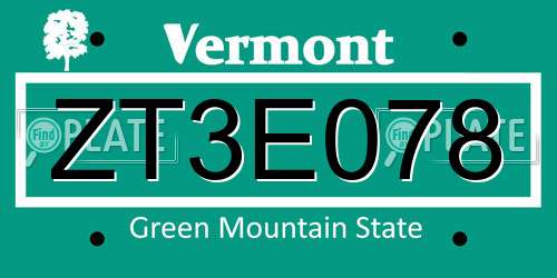 ZT3E078 Vermont License Plate