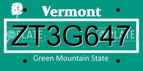 ZT3G647 Vermont License Plate
