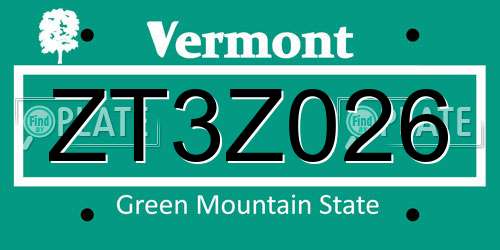 ZT3Z026 Vermont License Plate