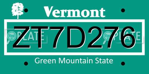 ZT7D276 Vermont License Plate