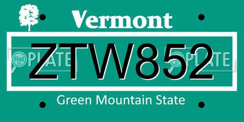 ZTW852 Vermont License Plate