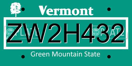ZW2H432 Vermont License Plate