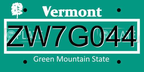 ZW7G044 Vermont License Plate