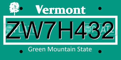 ZW7H432 Vermont License Plate