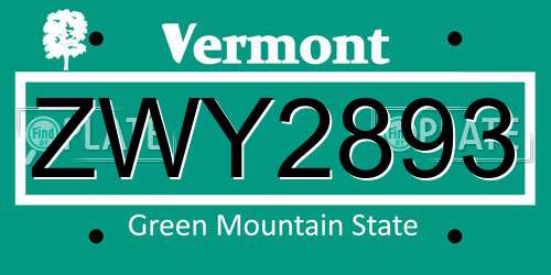 ZWY2893 Vermont License Plate