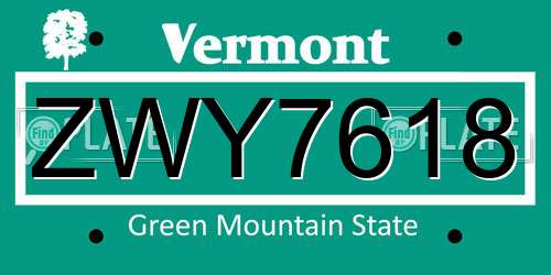 ZWY7618 Vermont License Plate