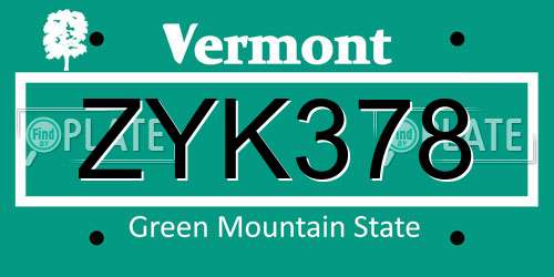 ZYK378 Vermont License Plate