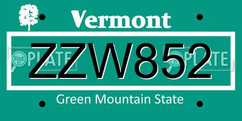 ZZW852 Vermont License Plate