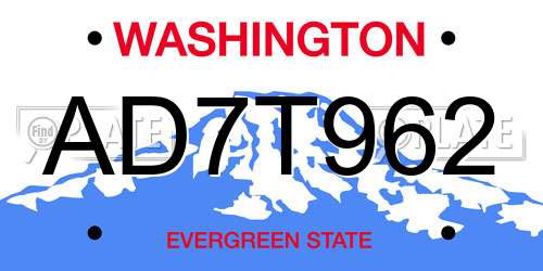 AD7T962 Washington License Plate