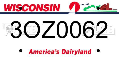 3OZ0062 Wisconsin License Plate