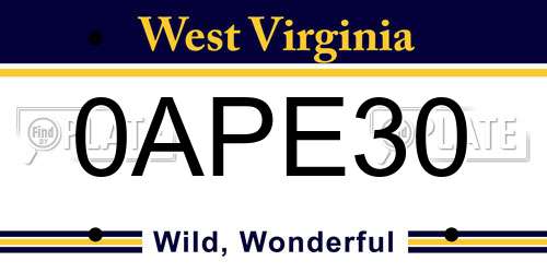 0APE30 West Virginia License Plate