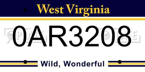 0AR3208 West Virginia License Plate