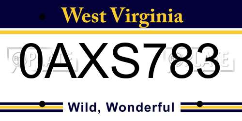 0AXS783 West Virginia License Plate