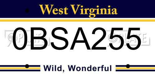 0BSA255 West Virginia License Plate