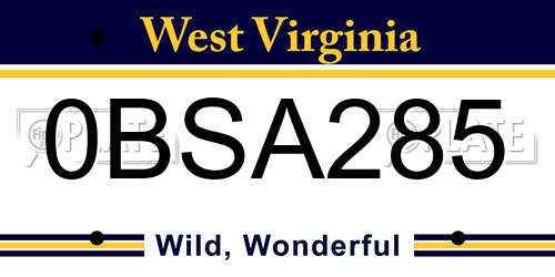 0BSA285 West Virginia License Plate