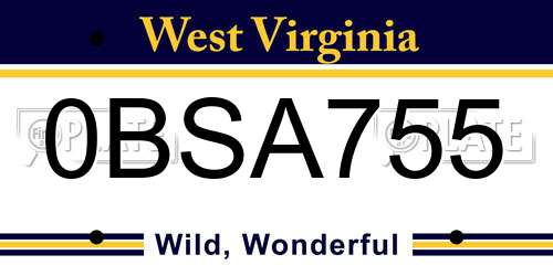 0BSA755 West Virginia License Plate