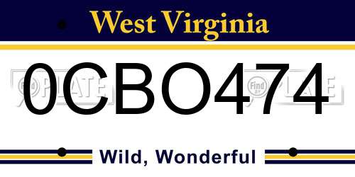 0CBO474 West Virginia License Plate