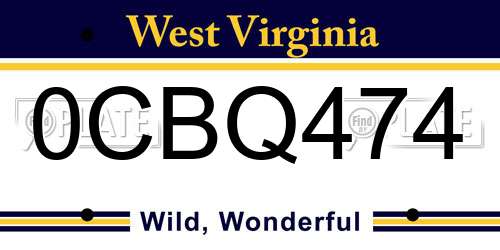 0CBQ474 West Virginia License Plate