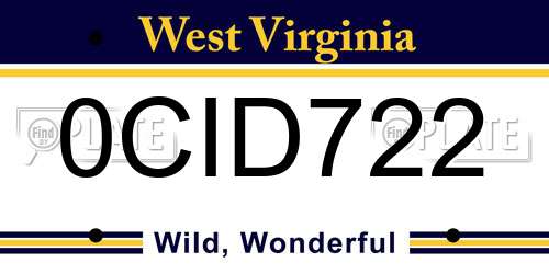 0CID722 West Virginia License Plate