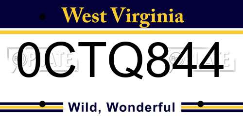 0CTQ844 West Virginia License Plate