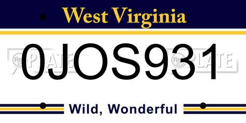 0JOS931 West Virginia License Plate