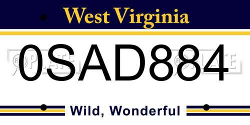 0SAD884 West Virginia License Plate