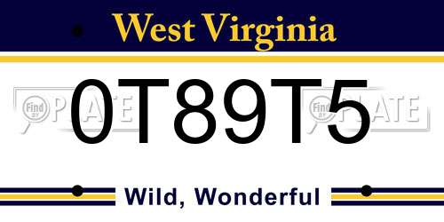 0T89T5 West Virginia License Plate
