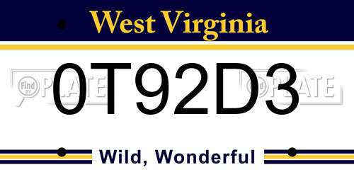 0T92D3 West Virginia License Plate