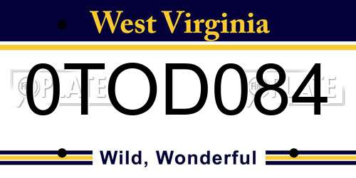 0TOD084 West Virginia License Plate