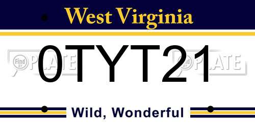 0TYT21 West Virginia License Plate