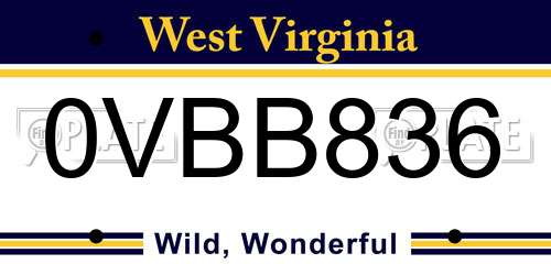 0VBB836 West Virginia License Plate