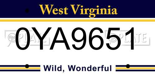 0YA9651 West Virginia License Plate