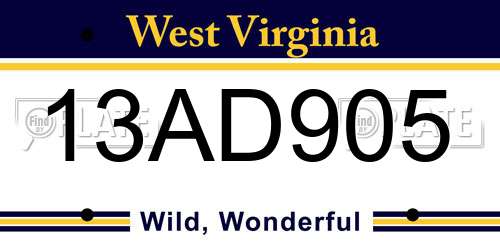 13AD905 West Virginia License Plate