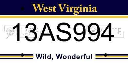 13AS994 West Virginia License Plate