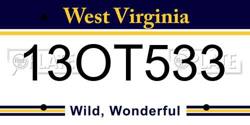 13OT533 West Virginia License Plate