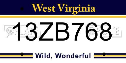 13ZB768 West Virginia License Plate