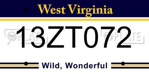 13ZT072 West Virginia License Plate