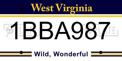 1BBA987 West Virginia License Plate