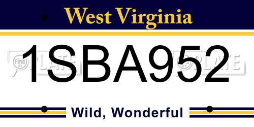 1SBA952 West Virginia License Plate