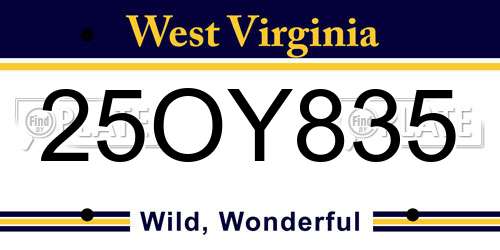 25OY835 West Virginia License Plate