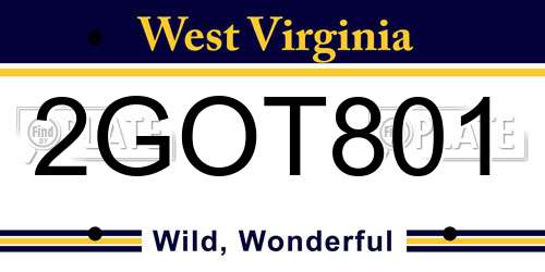 2GOT801 West Virginia License Plate