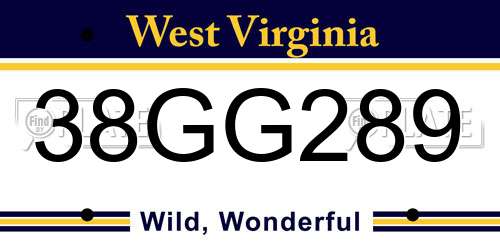 38GG289 West Virginia License Plate
