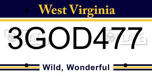 3GOD477 West Virginia License Plate