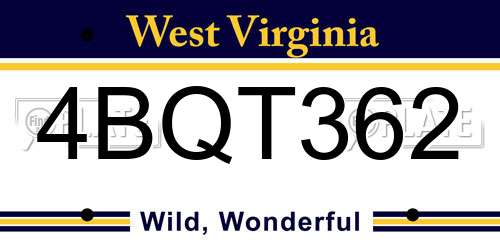 4BQT362 West Virginia License Plate