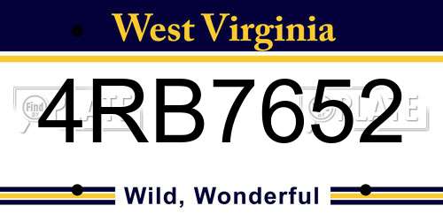 4RB7652 West Virginia License Plate