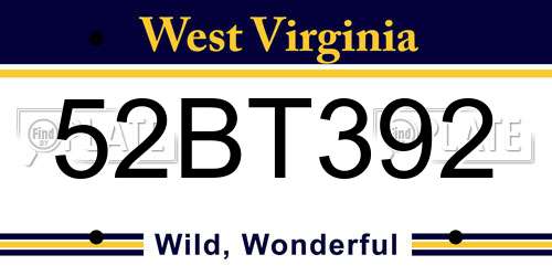 52BT392 West Virginia License Plate