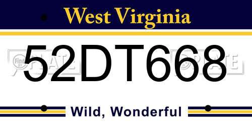 52DT668 West Virginia License Plate
