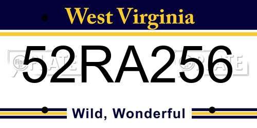 52RA256 West Virginia License Plate