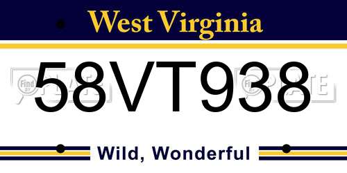 58VT938 West Virginia License Plate